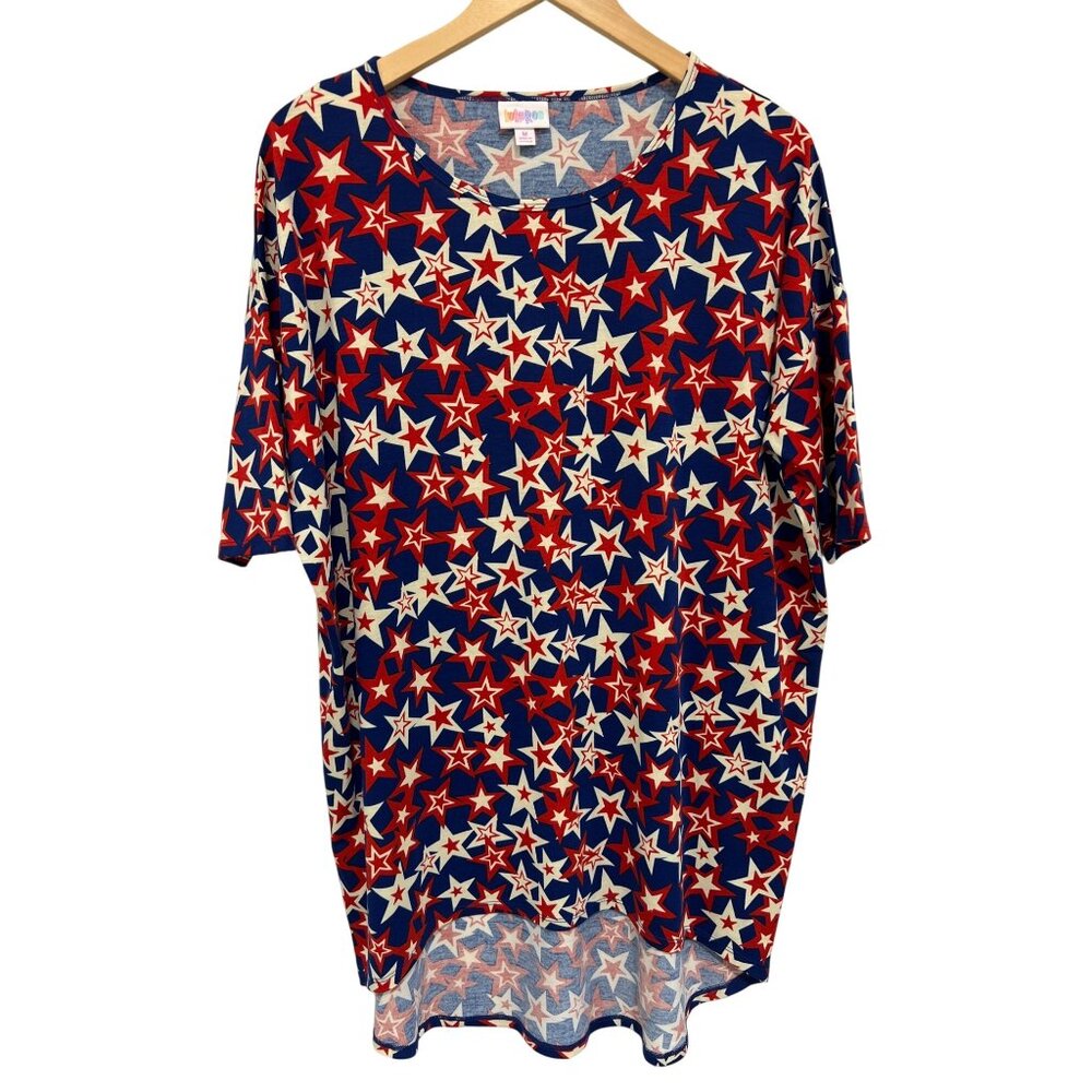 LuLaRoe Elbow Sleeve Tunic Top Sz Medium Star Print High Low Blue Red Patriotic